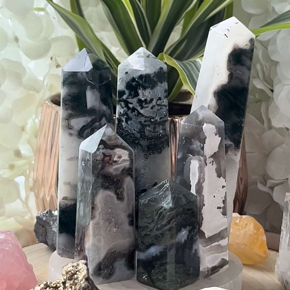 Moss Agate Obelisk- Optimism & Courage Crystals