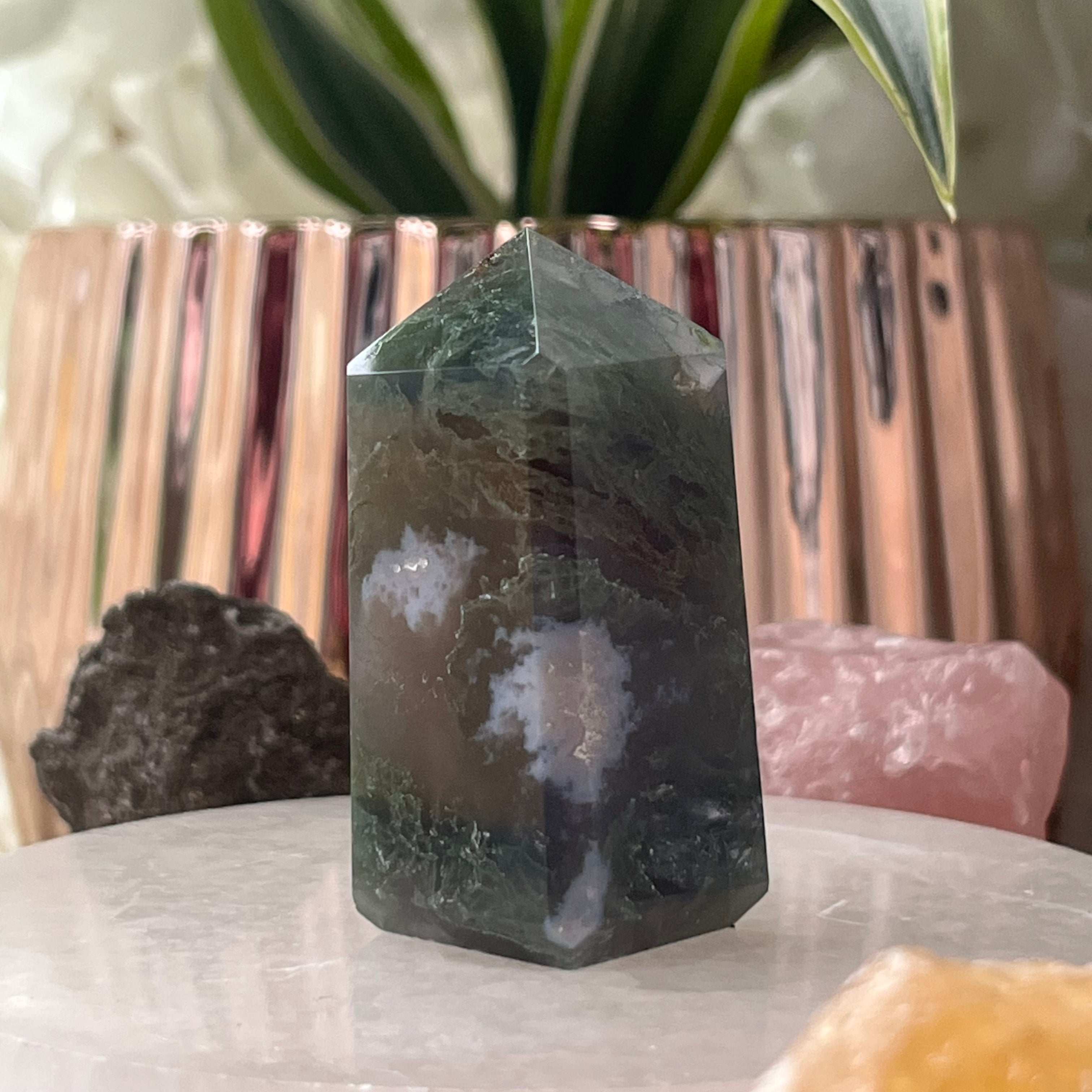 Moss Agate Obelisk- Optimism & Courage Crystals