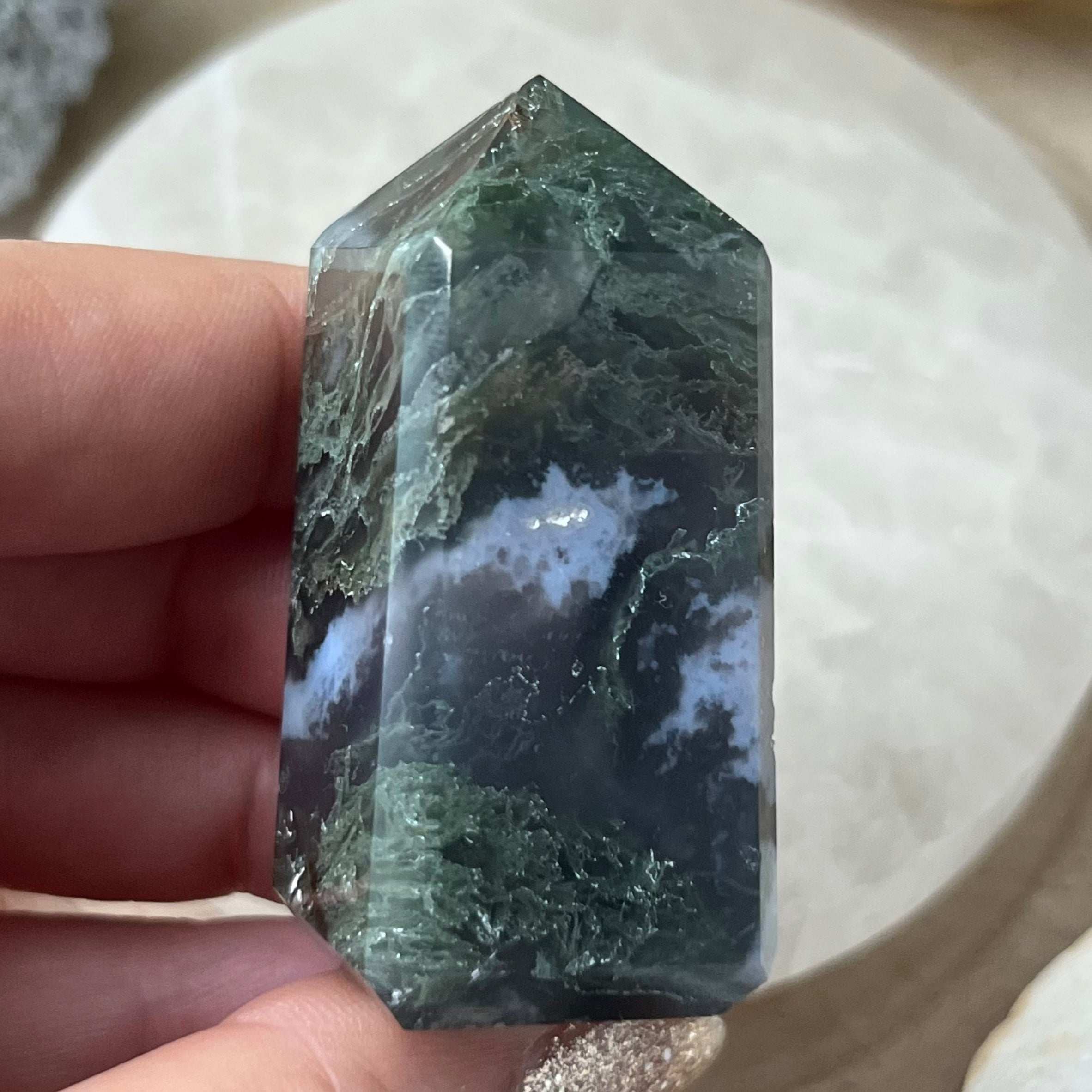 Moss Agate Obelisk- Optimism & Courage Crystals