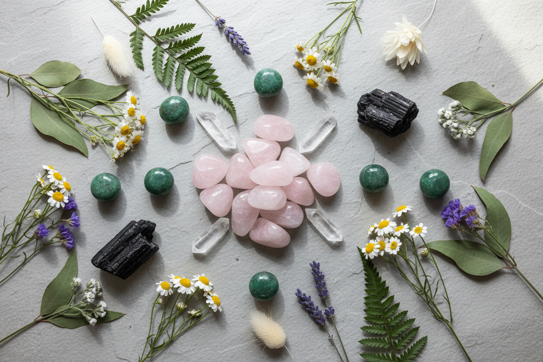 An assortment of crystals including rose quartz, clear quartz, green aventurine, and black tourmaline styled on a light stone surface with dried wildflowers