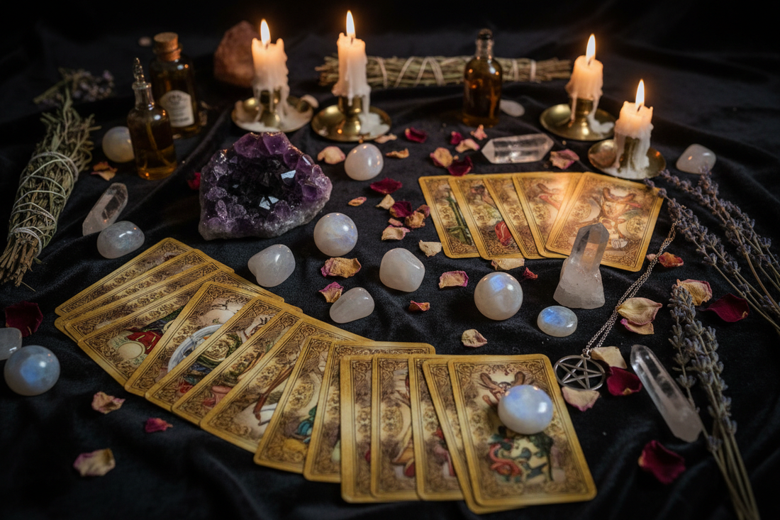 Tarot cards and crystals including amethyst, clear quartz, and moonstone on a dark velvet surface with candlelight