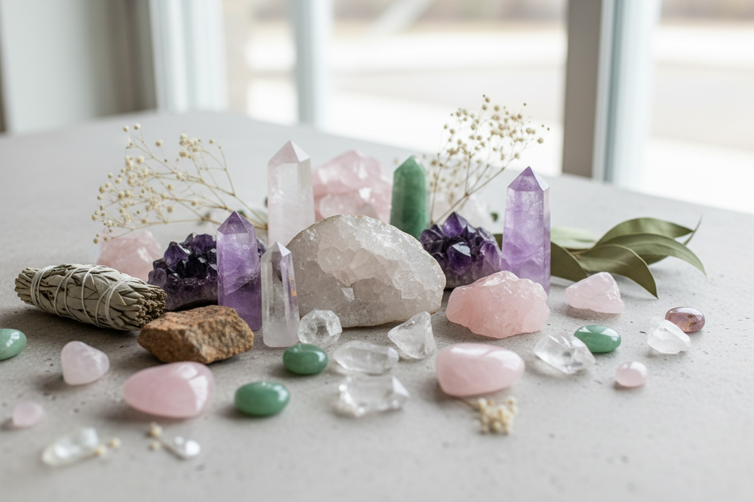 An assortment of raw and polished natural crystals including clear quartz, rose quartz, amethyst, and green aventurine on a light stone surface