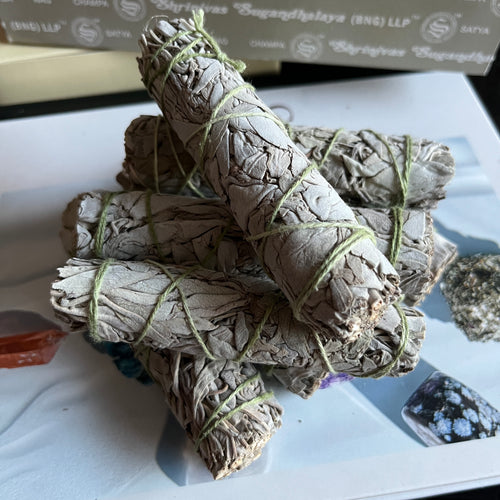 Bundles of sage wrapped in green twine on a white surface with a box in the background.