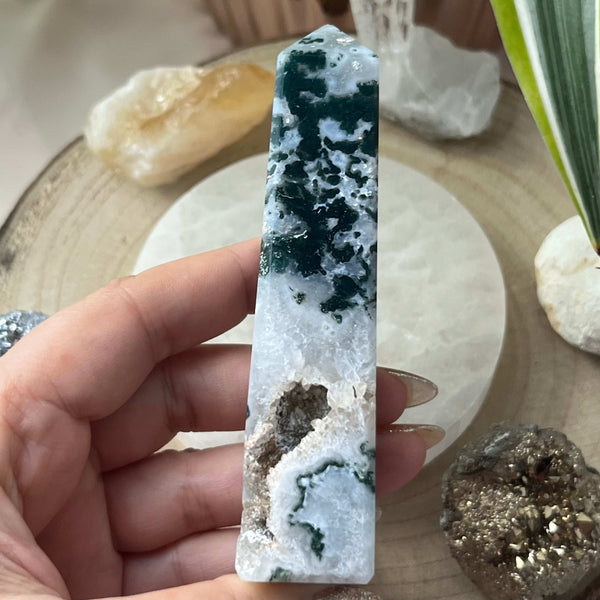 Moss Agate Obelisk- Optimism & Courage Crystals