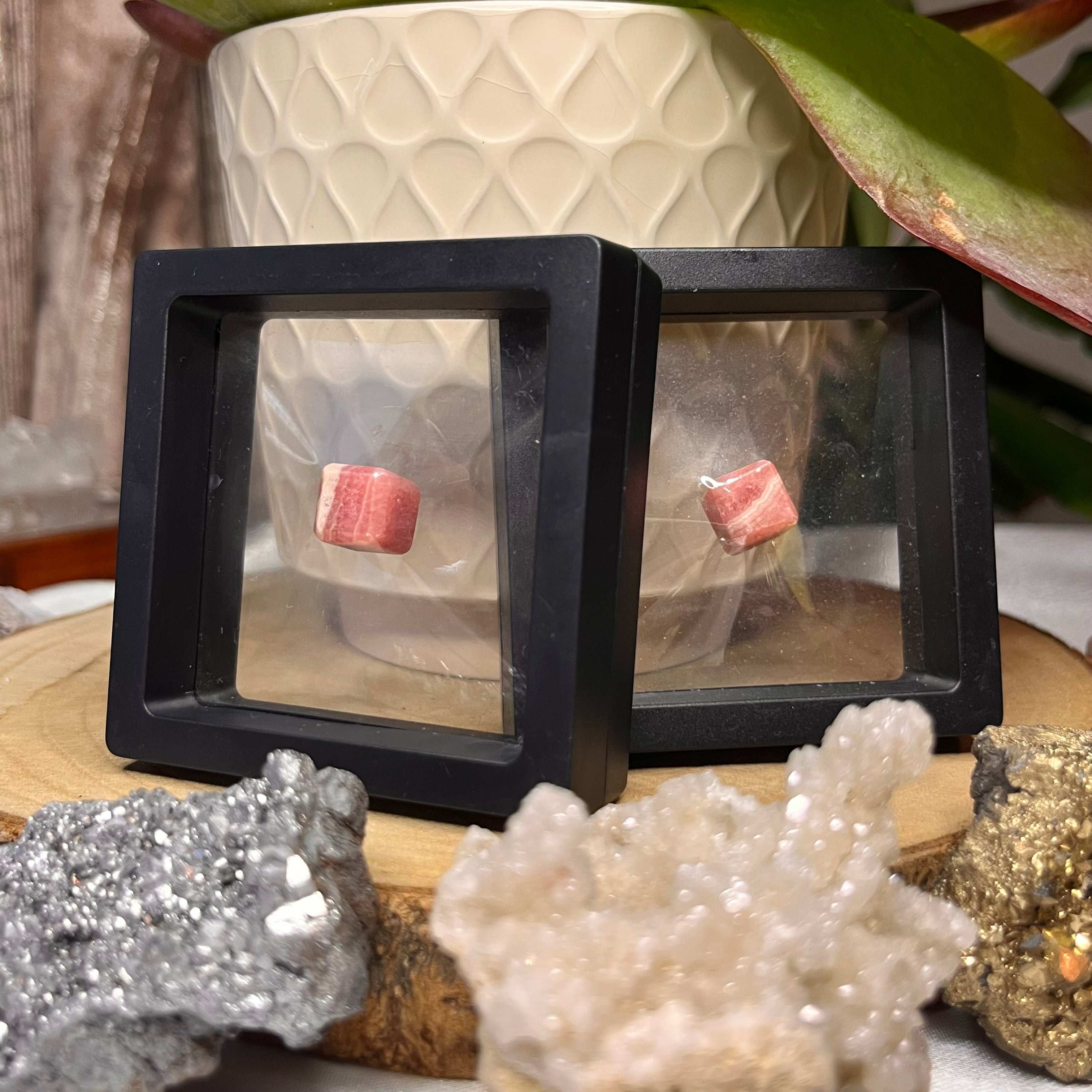 Mini Rhodochrosite Cube w/ Floating Display Case Crystals