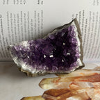 Amethyst crystal cluster on a book with brown crystals in the foreground