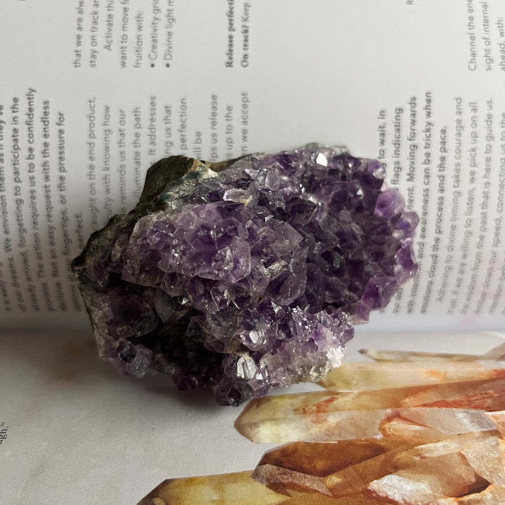 Amethyst crystal cluster on a book with visible text