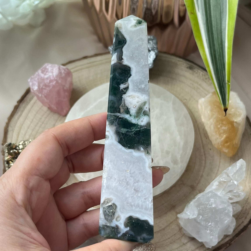 Moss Agate Obelisk- Optimism & Courage Crystals