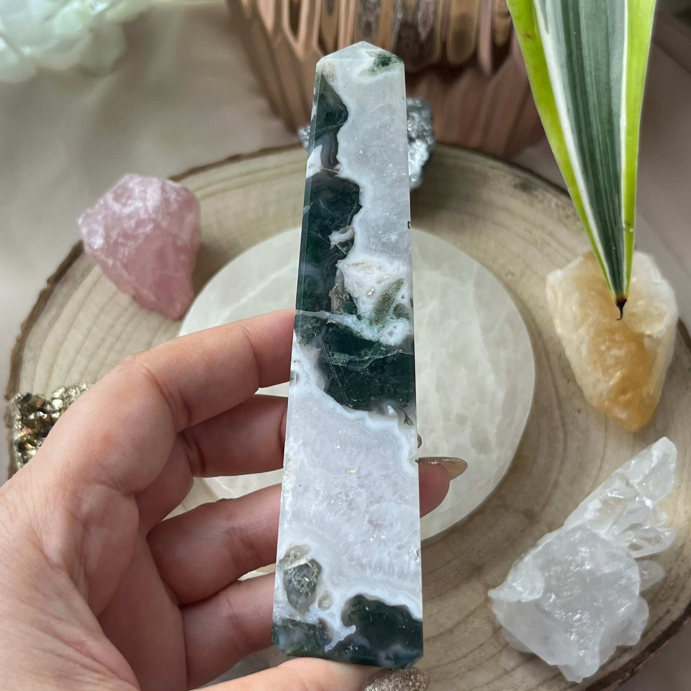 Moss Agate Obelisk- Optimism & Courage Crystals