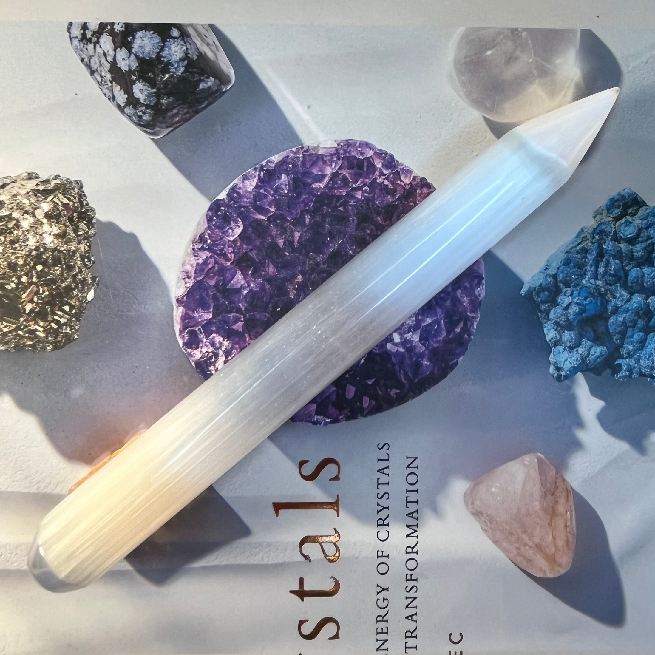 Selenite Round Point Wand - Cleansing & Purification Round & Point- 15cm x 1.5cm Crystals