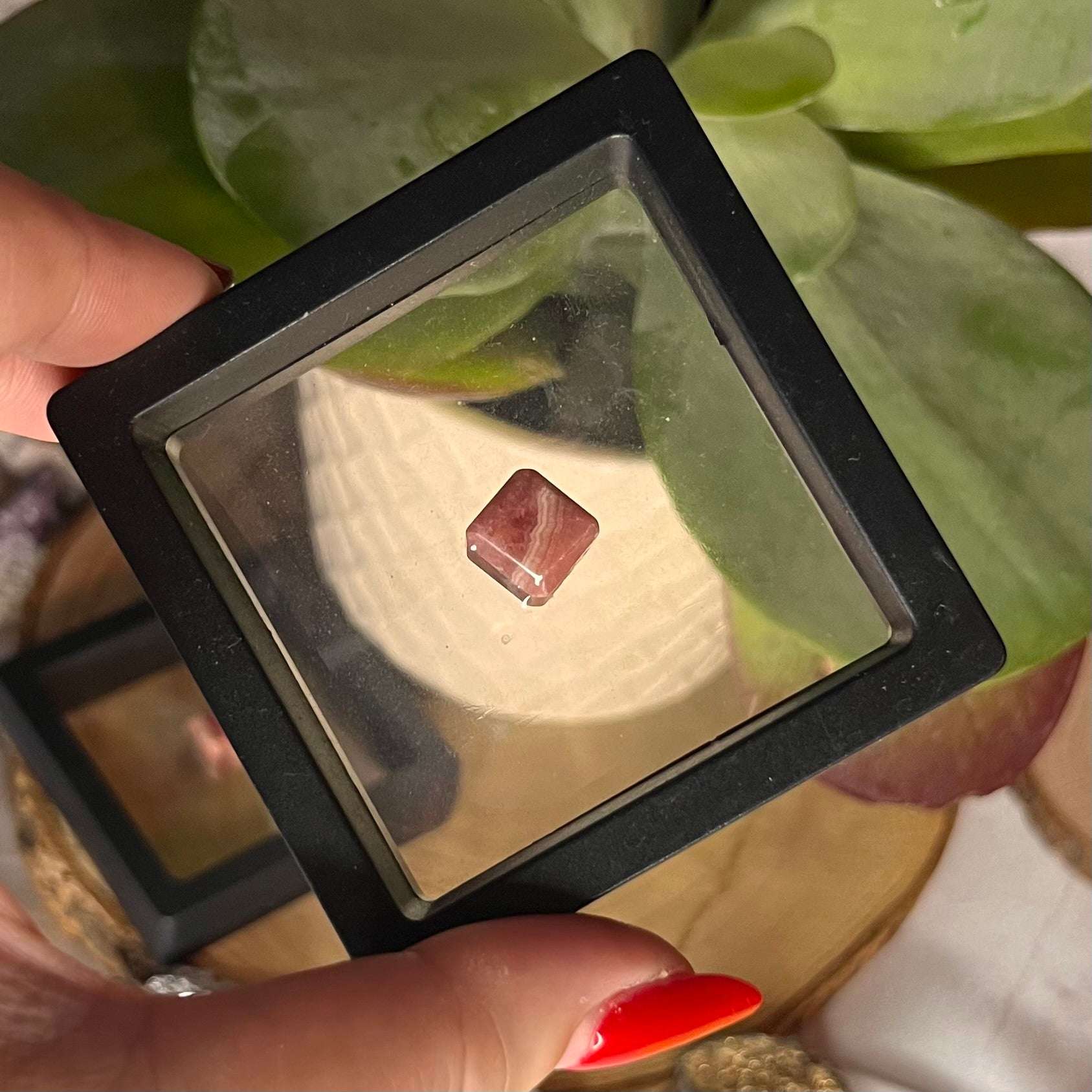 Mini Rhodochrosite Cube w/ Floating Display Case Crystals