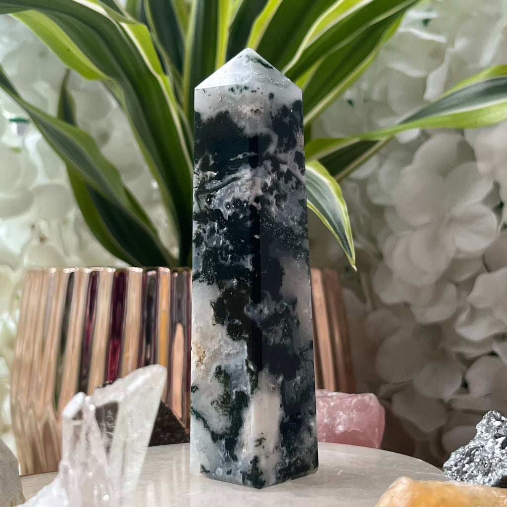Moss Agate Obelisk- Optimism & Courage Crystals