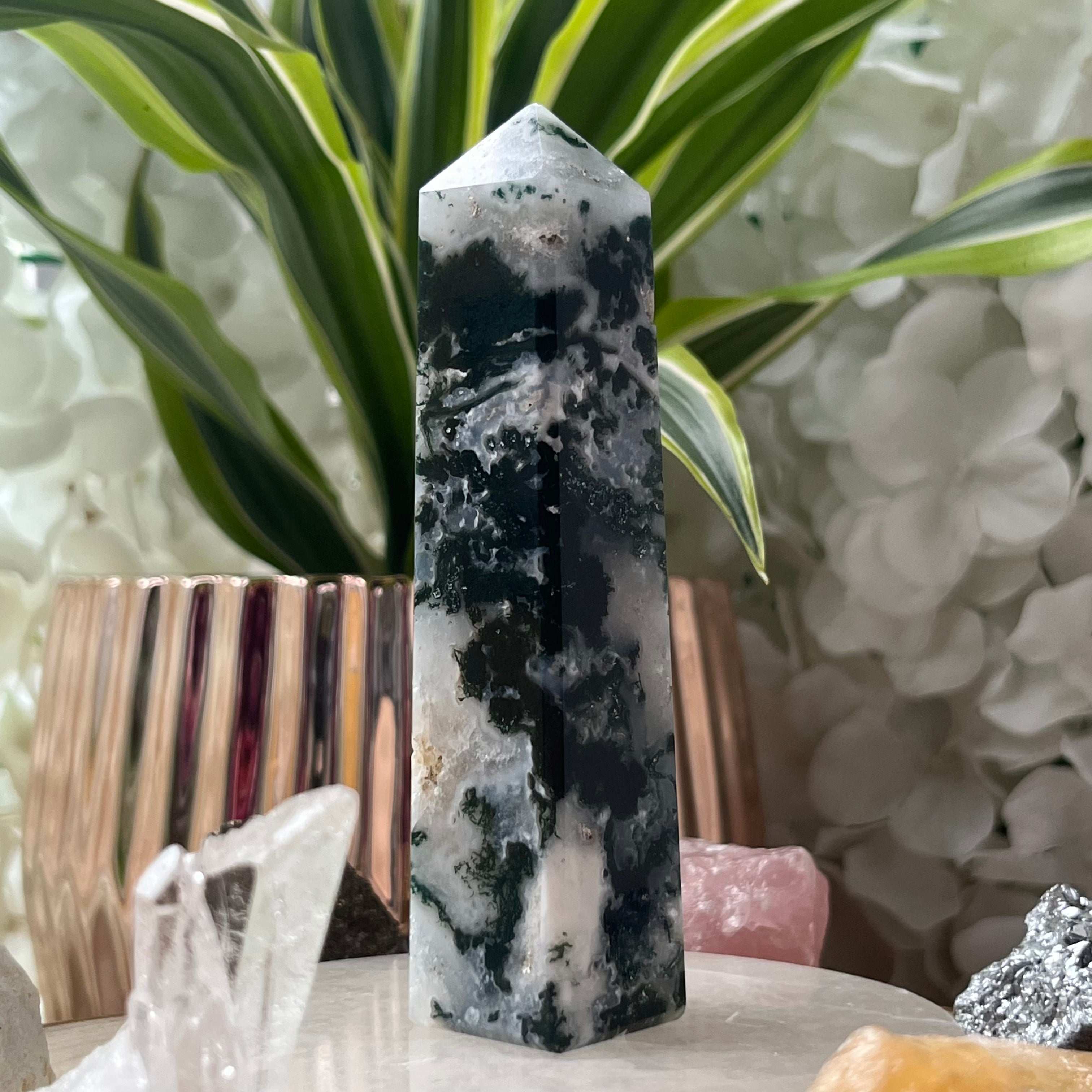 Moss Agate Obelisk- Optimism & Courage Crystals