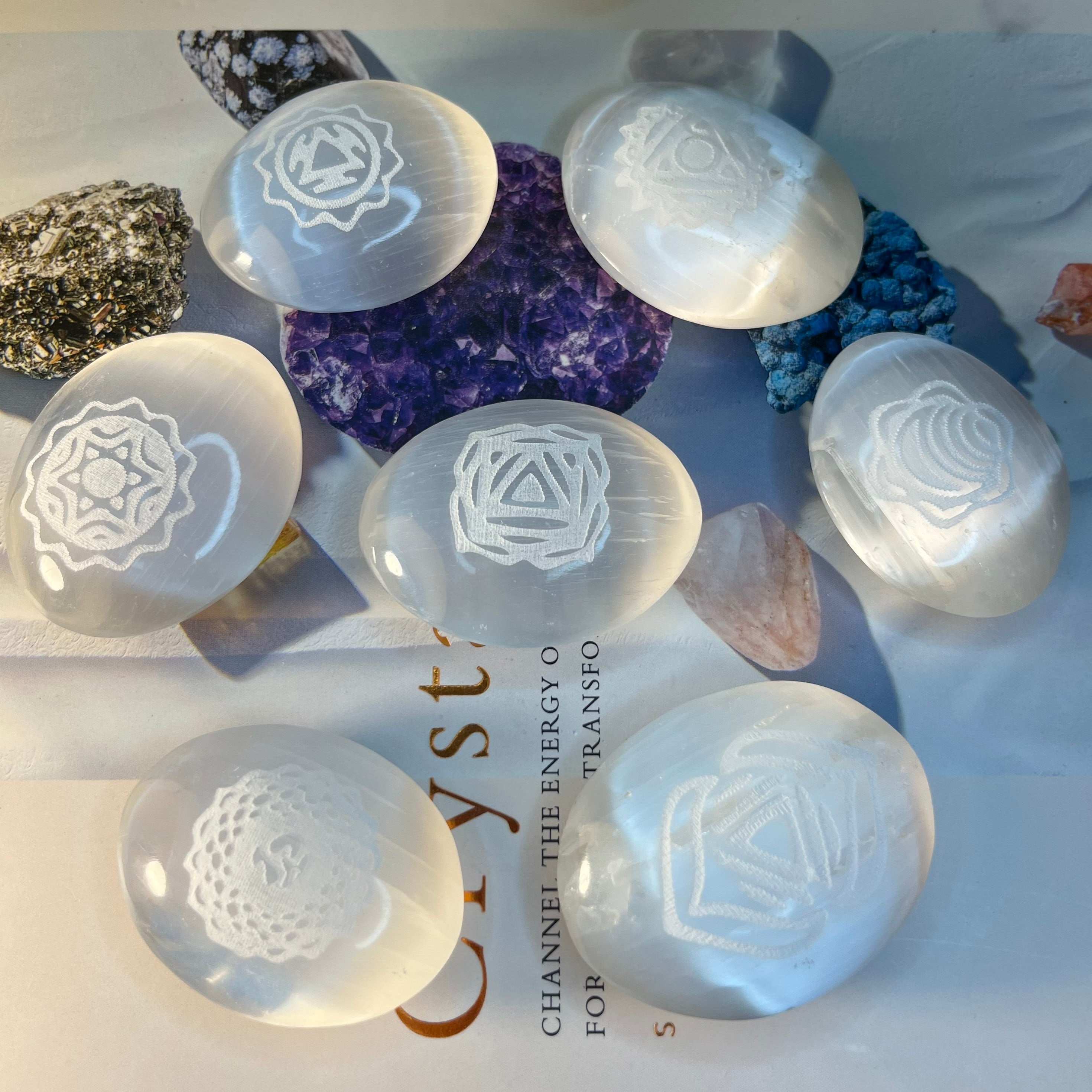 Selenite Etched Chakra Palmstones - Cleansing & Purification Crystals