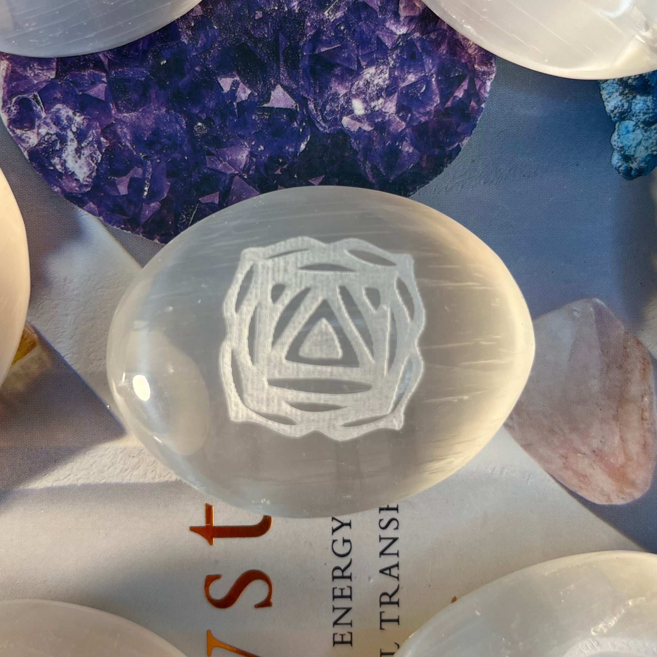 Selenite Etched Chakra Palmstones - Cleansing & Purification Crystals