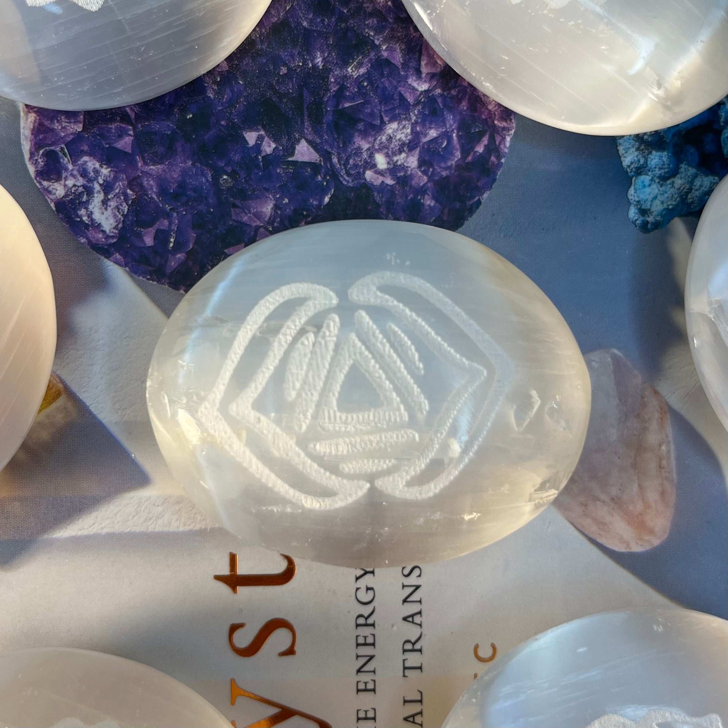 Selenite Etched Chakra Palmstones - Cleansing & Purification Crystals