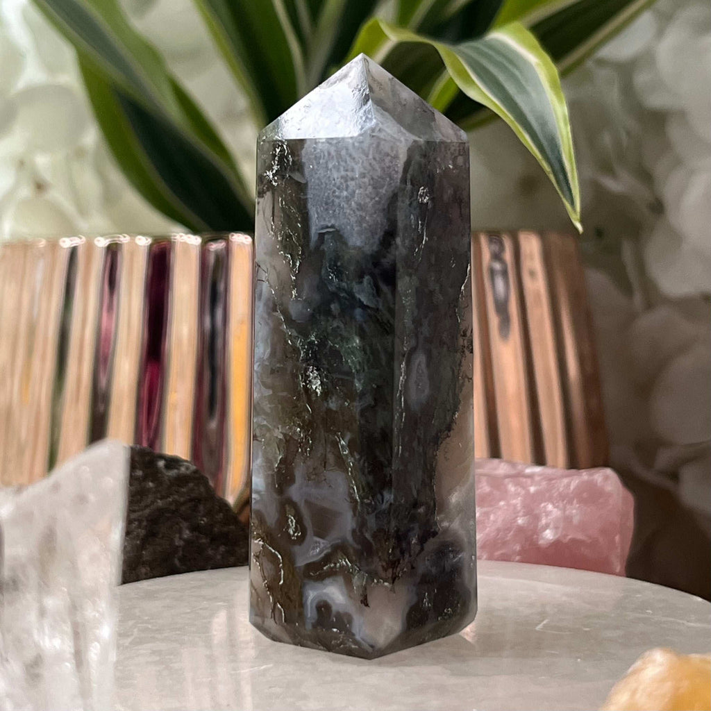Moss Agate Obelisk- Optimism & Courage Crystals