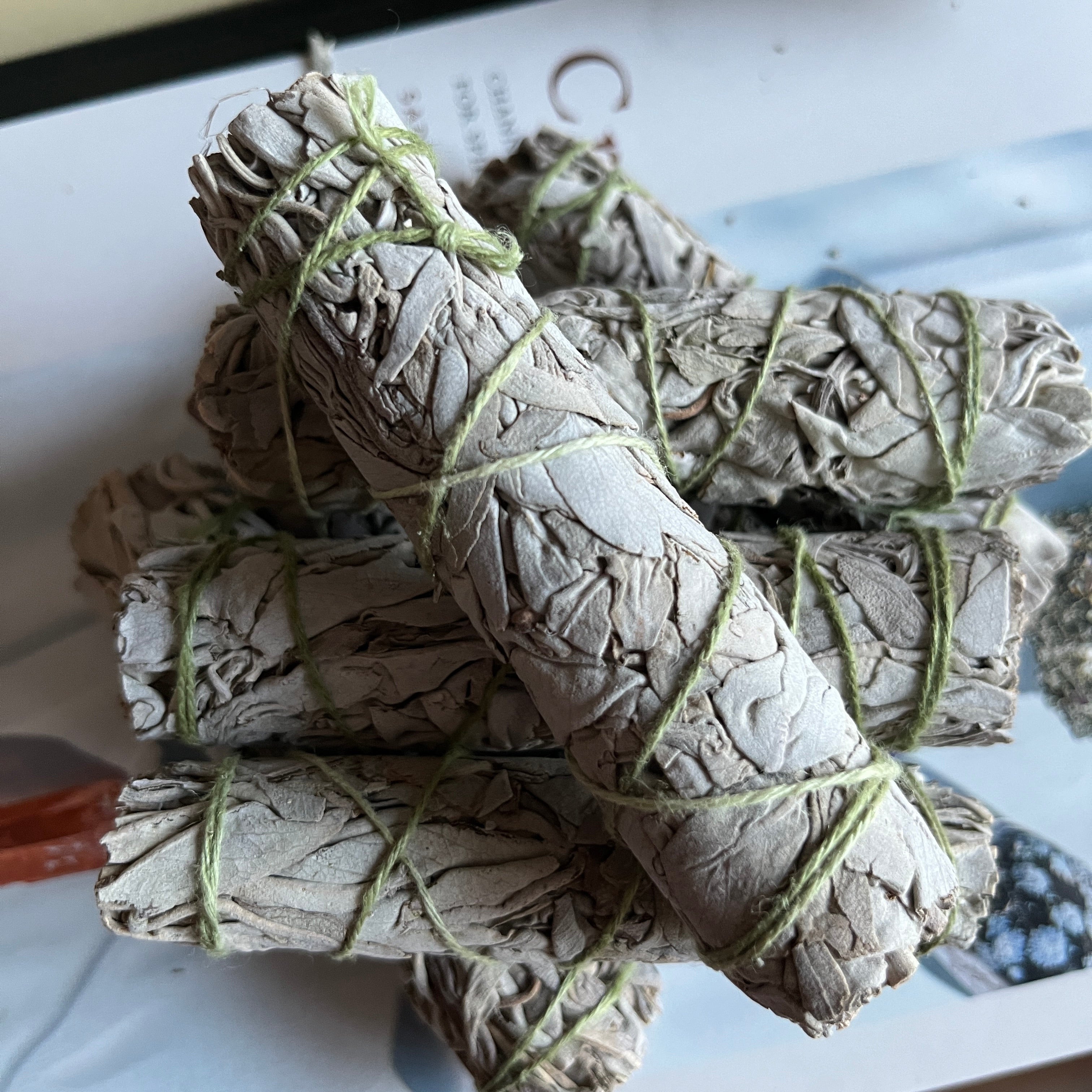 White sage smudge sticks tied with green string on a white surface