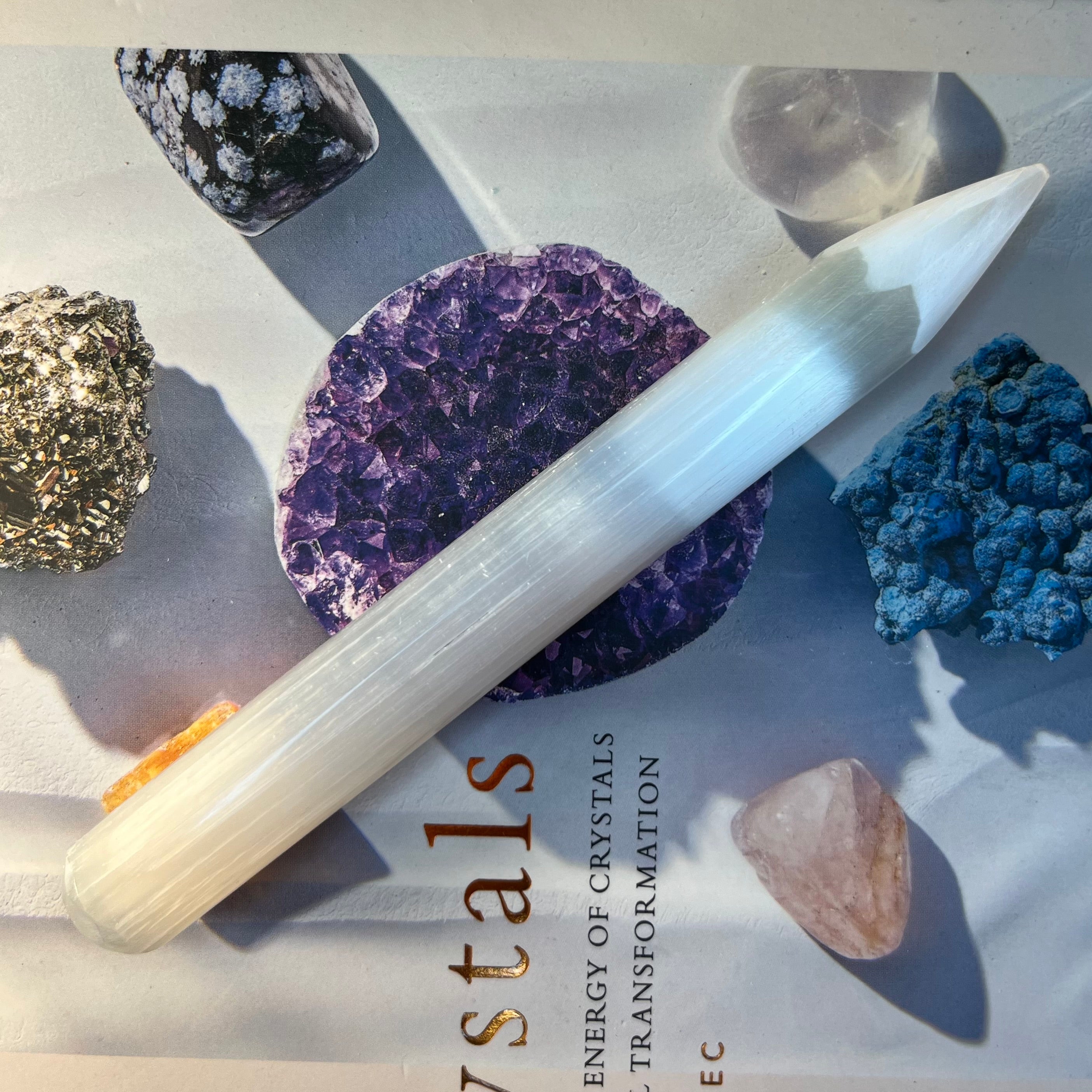 Selenite Round Point Wand - Cleansing & Purification Thin Round & Point- 15cm x 1.6cm Crystals