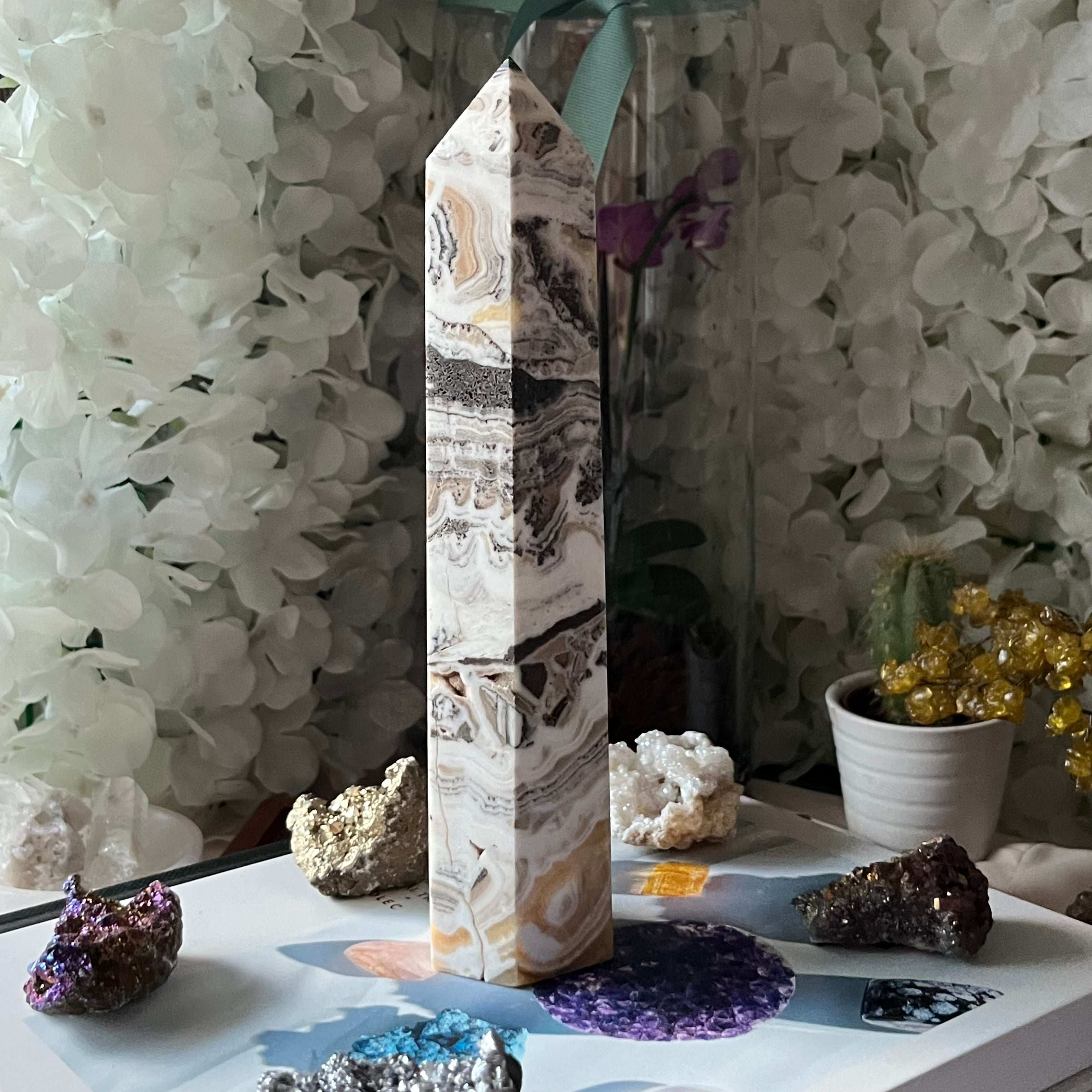 Dendritic Yellow Calcite Tower Point - Accomplishments & Purpose Crystals