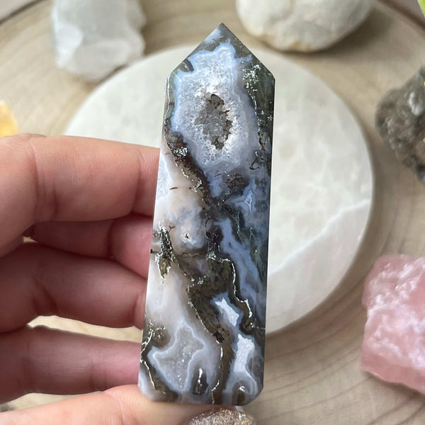 Moss Agate Obelisk- Optimism & Courage Crystals