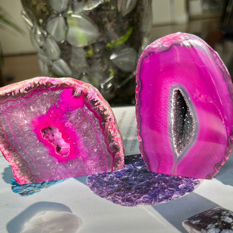 Pink Agate Cut Base Geode - Emotional Balance & Love