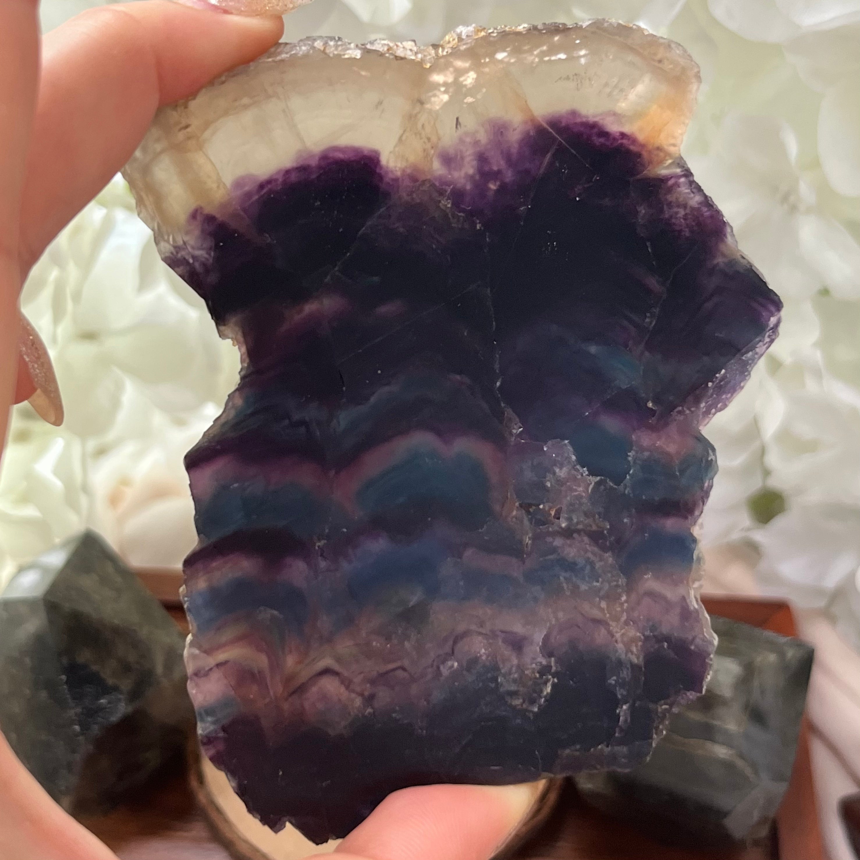 Rainbow Fluorite Slice - Personal Magnetism & Psychic Protection 1- 9.6cm x 8cm Crystals
