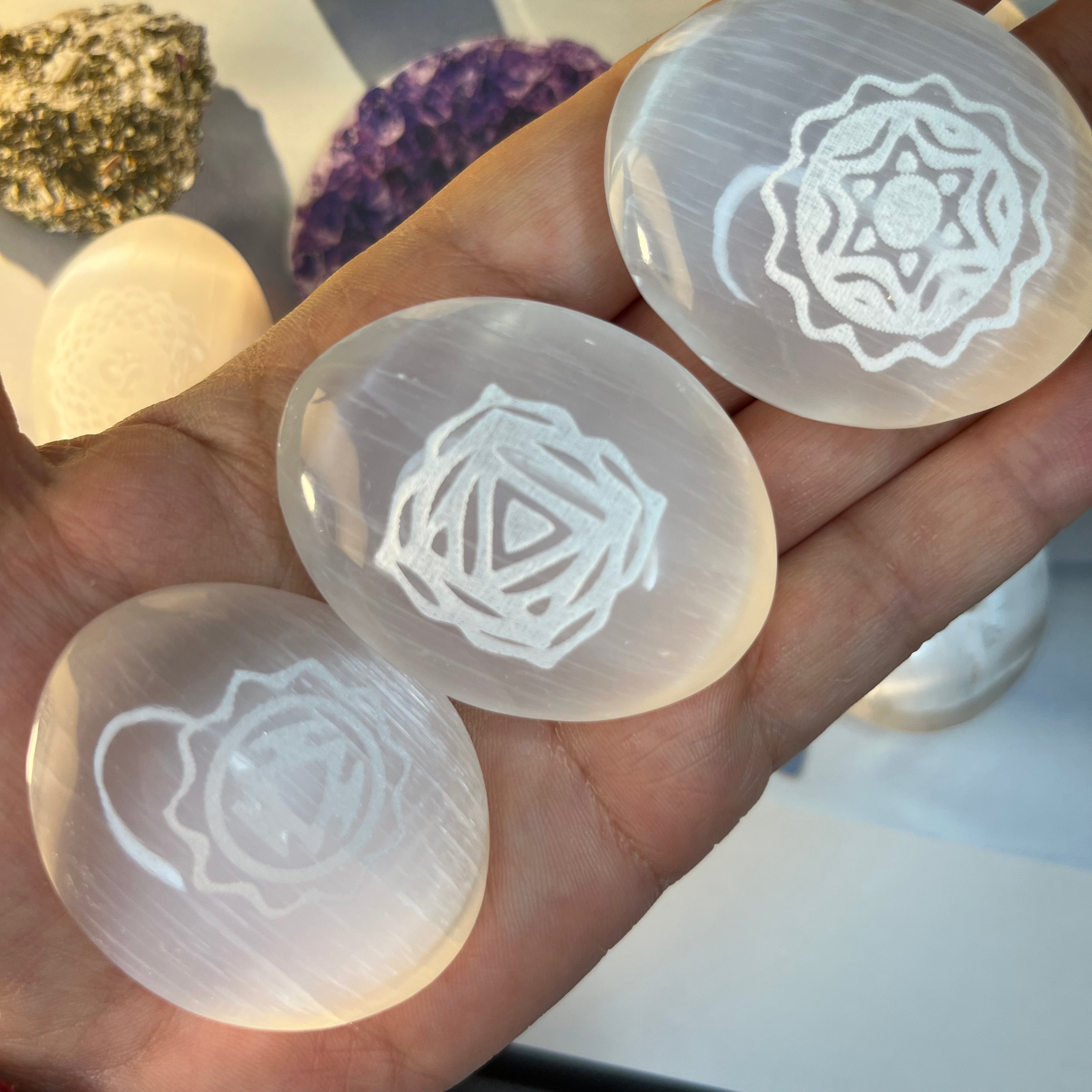 Selenite Etched Chakra Palmstones - Cleansing & Purification Crystals
