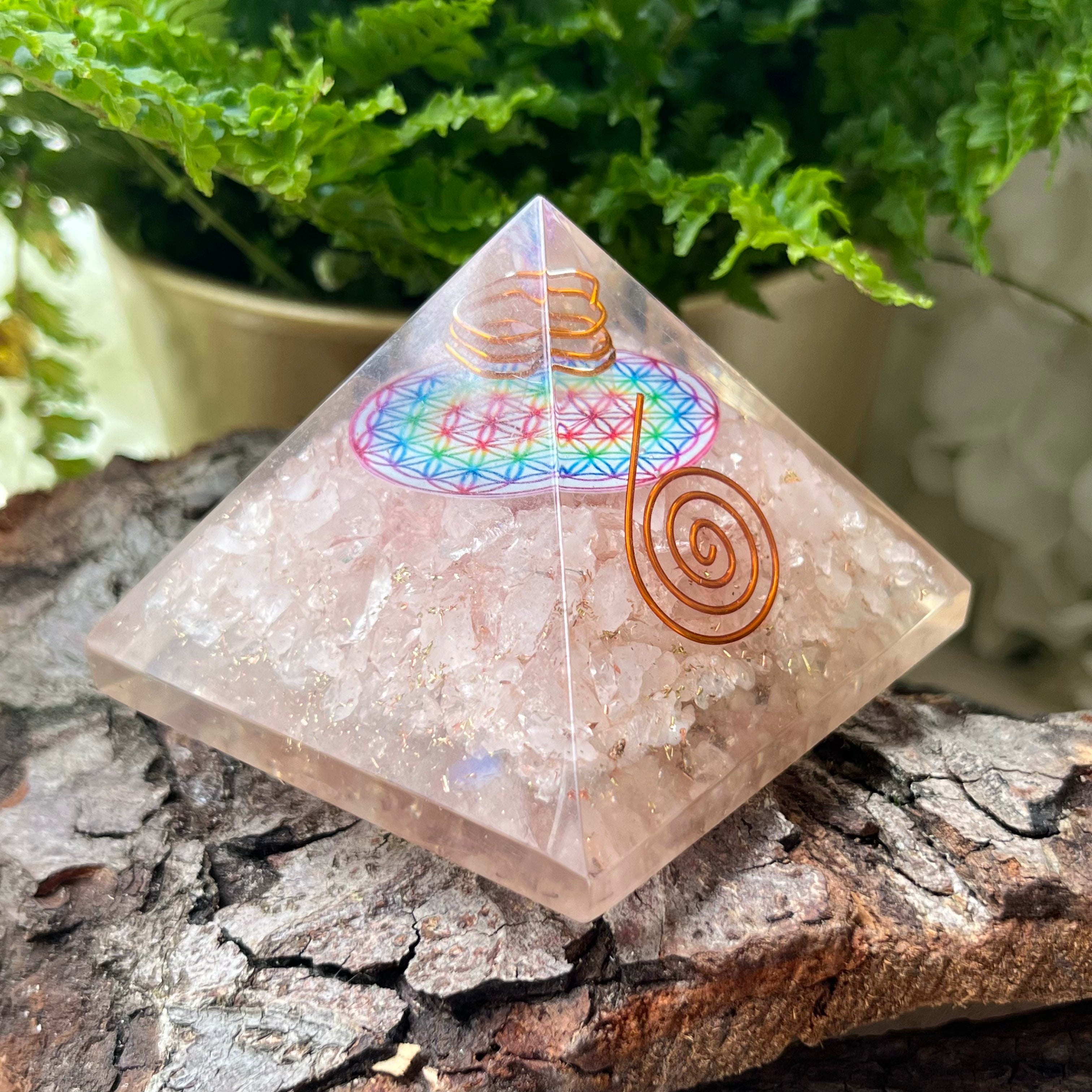 Rose Quartz Flower Of Life Orgonite Pyramid Crystals