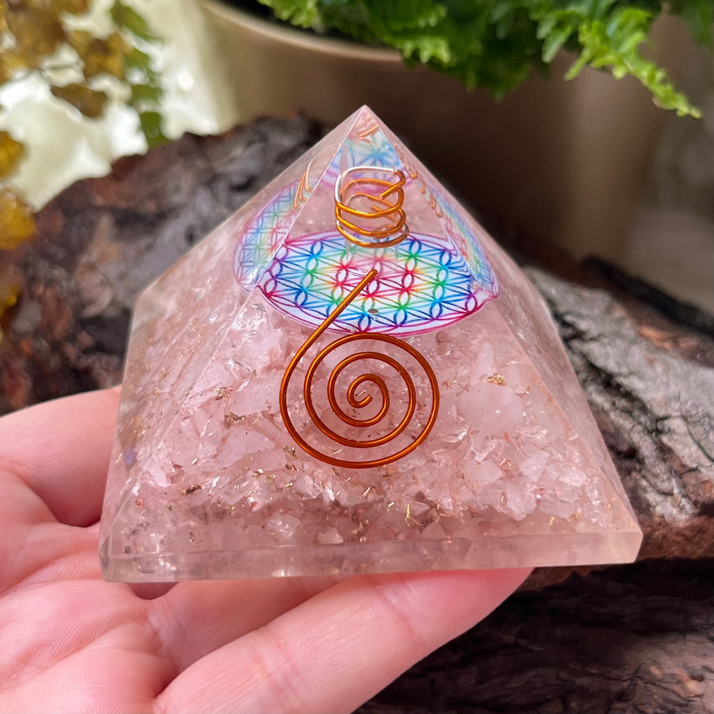 Rose Quartz Flower Of Life Orgonite Pyramid Crystals