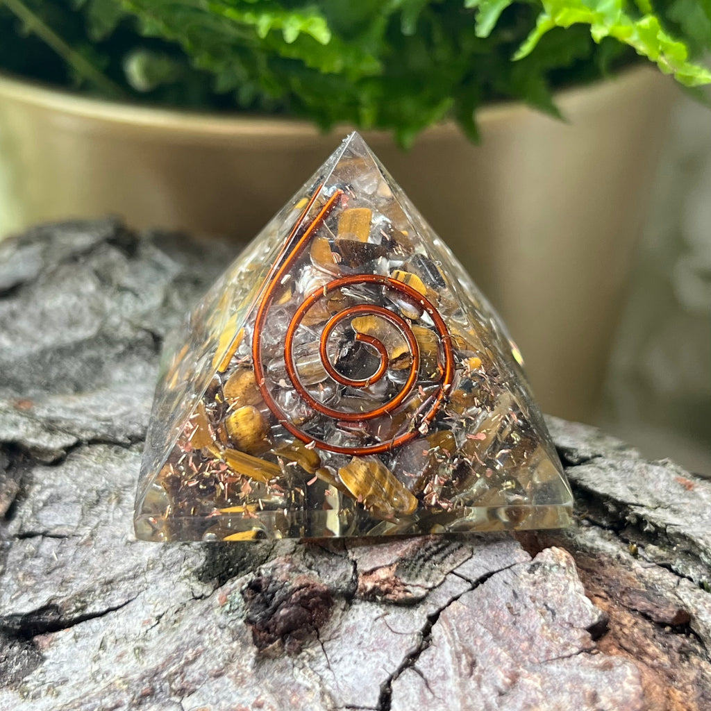 Tiger's Eye Orgonite Pyramid - Courage & Protection 4cm Crystals