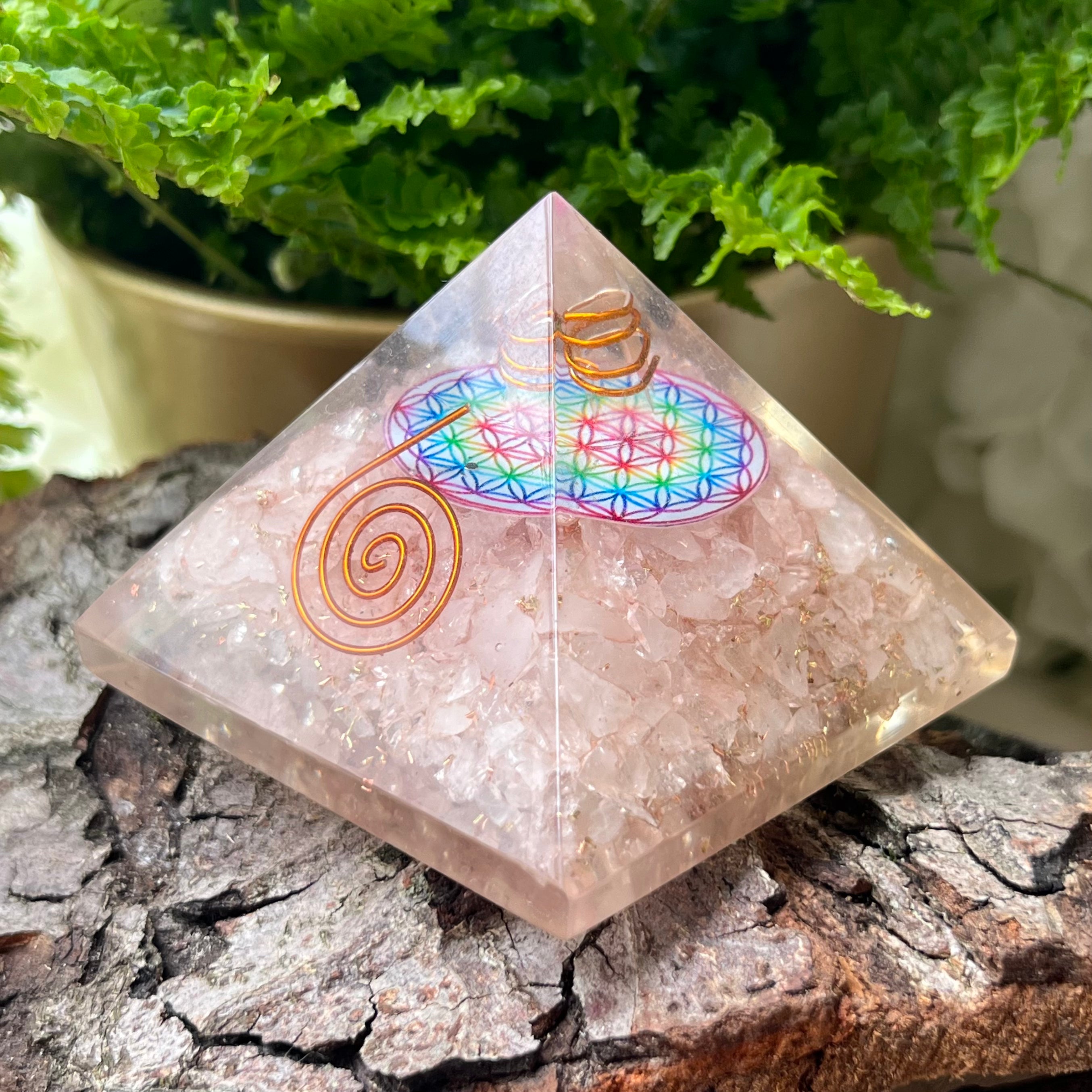 Rose Quartz Flower Of Life Orgonite Pyramid Crystals