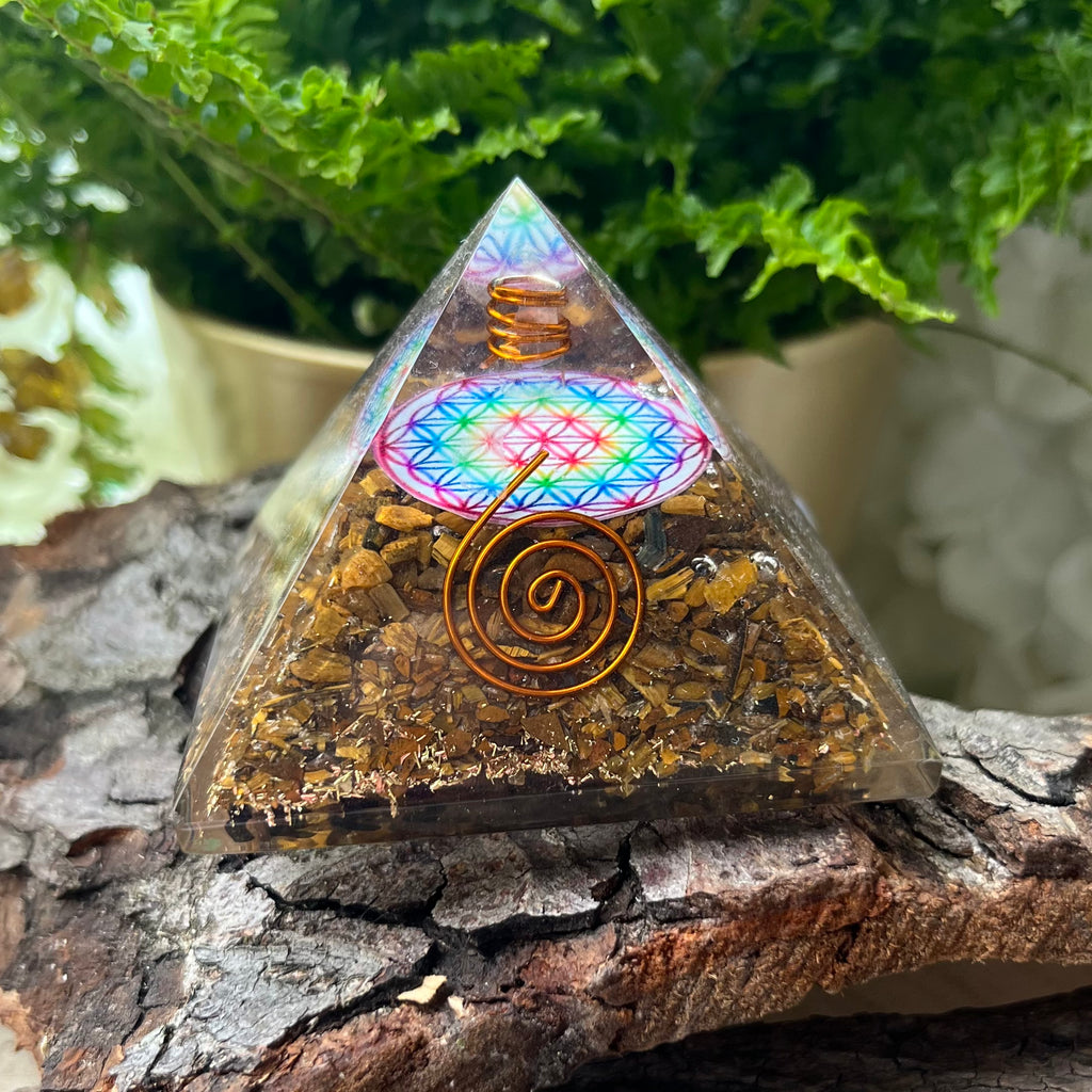 Tiger's Eye Flower Of Life Orgonite Pyramid 6.5cm Crystals