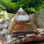 Tiger's Eye Flower Of Life Orgonite Pyramid 6.5cm Crystals