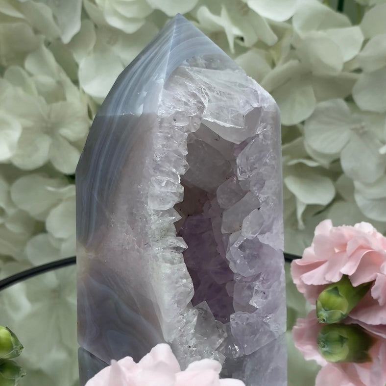 Amethyst in Agate Obelisk Drusy Tower - Balance & Harmony Crystals