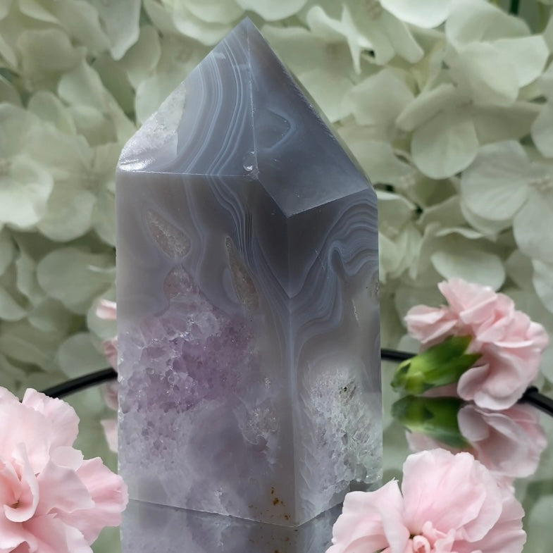 Amethyst in Agate Obelisk Drusy Tower - Balance & Harmony Crystals